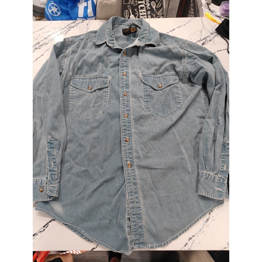 Vintage Eddie Bauer Denim Shirt M Outdoor Blue Fade USA 100% Cotton Button Down
